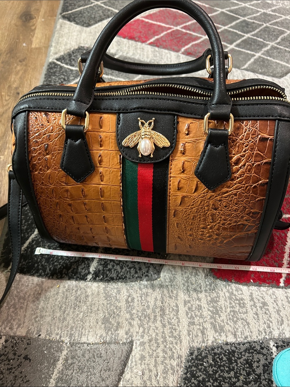 Structured Croc-Embossed Satchel with Bee Accent